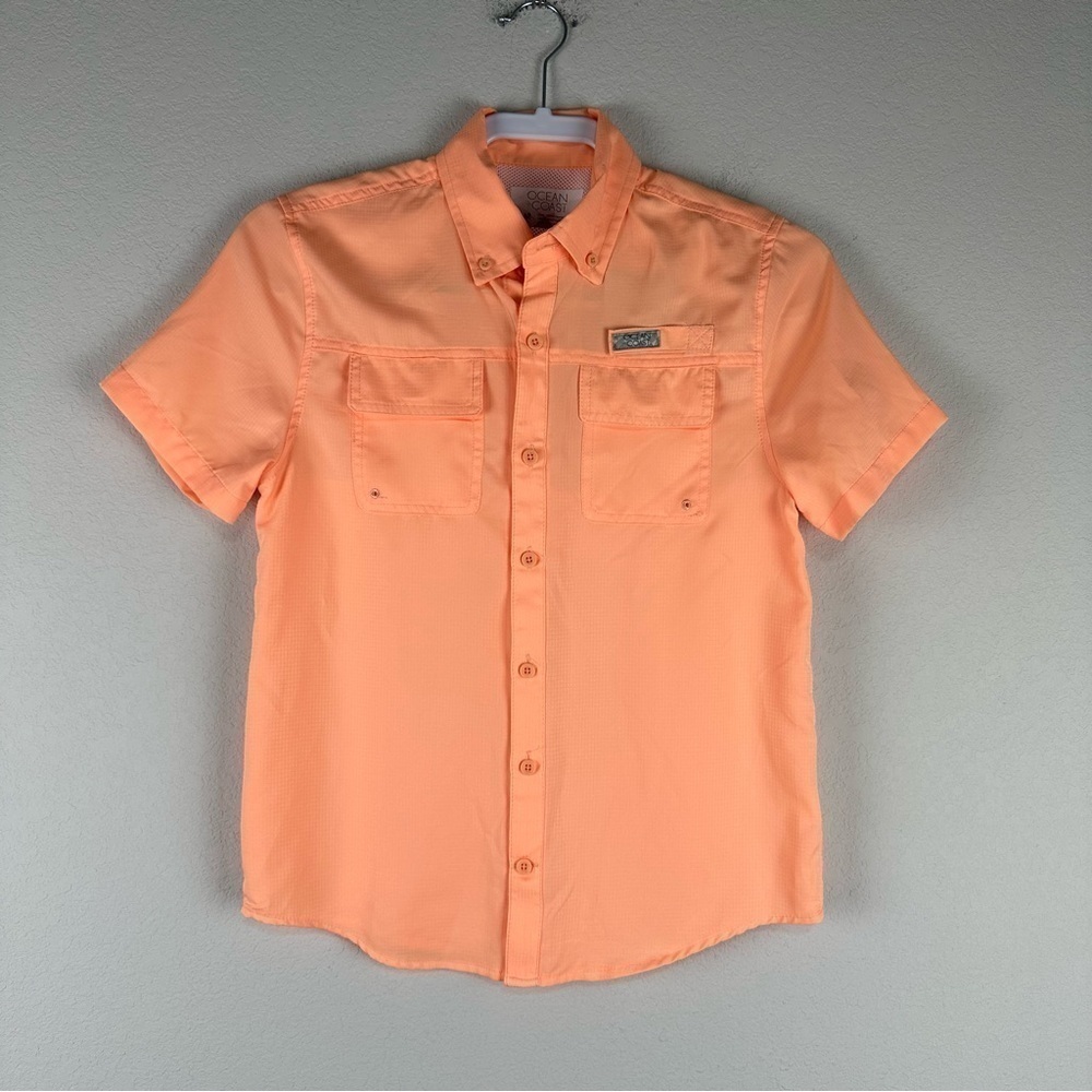 NEW Ocean Coast Sauna Peach Orange Button Up Short Sleeve Shirt Size Medium